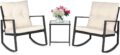 SUNCROWN 3 Piece Outdoor Rocking Bistro Set Black Wicker Furniture Porch Chairs Conversation Sets with Glass Coffee Table, Beige by SUNCROWN