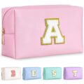 TOPEAST Initial Makeup Bag, Birthday Gifts for 4 5 6 7 8 9 10 11 12 Year Old Girls, Personalized Preppy Cosmetic Bag | Leather Toiletry Bag (Pink A) by TOPEAST