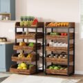 Tribesigns Wood Fruit and Vegetable Storage Rack Set of 2, 5-Tier Pull-Out Snack Stand Fruit Basket Stand, Utility Shelf Organizer for Kitchen, Living Room, Bedroom, Rustic Brown by Tribesigns