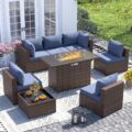 UDPATIO Outdoor Patio Furniture Set with Fire Pit Table, 8 Piece Outdoor Sectional Sofas, All-Weather Wicker Patio Conversation Set for Garden, Backyard Navy Blue by UDPATIO