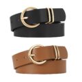 VONMELLI 2 Pack Women’s Leather Belts for Jeans Dresses Fashion Gold Buckle Ladies Belt by VONMELLI