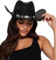 Womens Western Cowboy Hats Studded Pinched Western Cowgirl Hats Wide Brim Fedoras Hat with Belt Buckle (Size:Medium) by Eohak